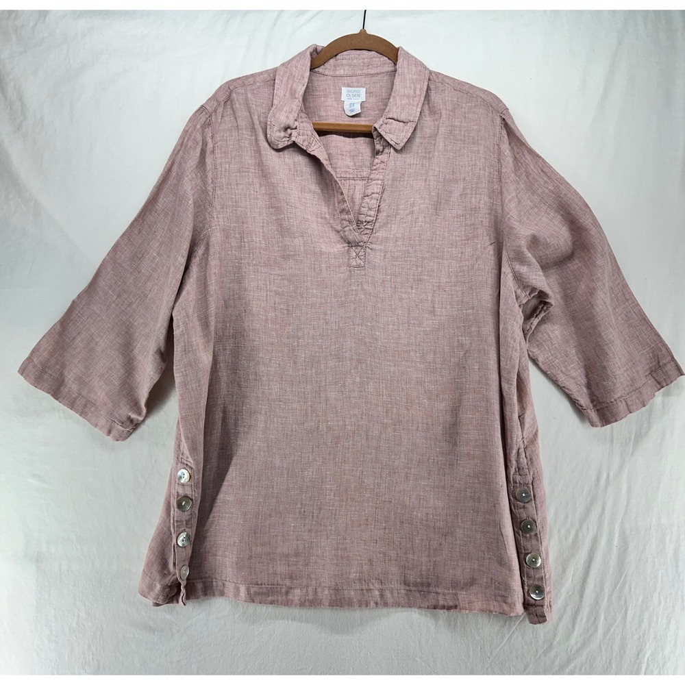 Sigrid Olsen 100% Linen Tunic Top Womens 1X Mauve‎ Pink 3/4 Sleeve Side Button